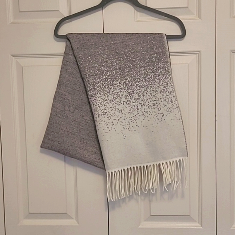Calvin Klein Blanket Scarf with White Fringe, 24" × 70", Gray & White Reversible